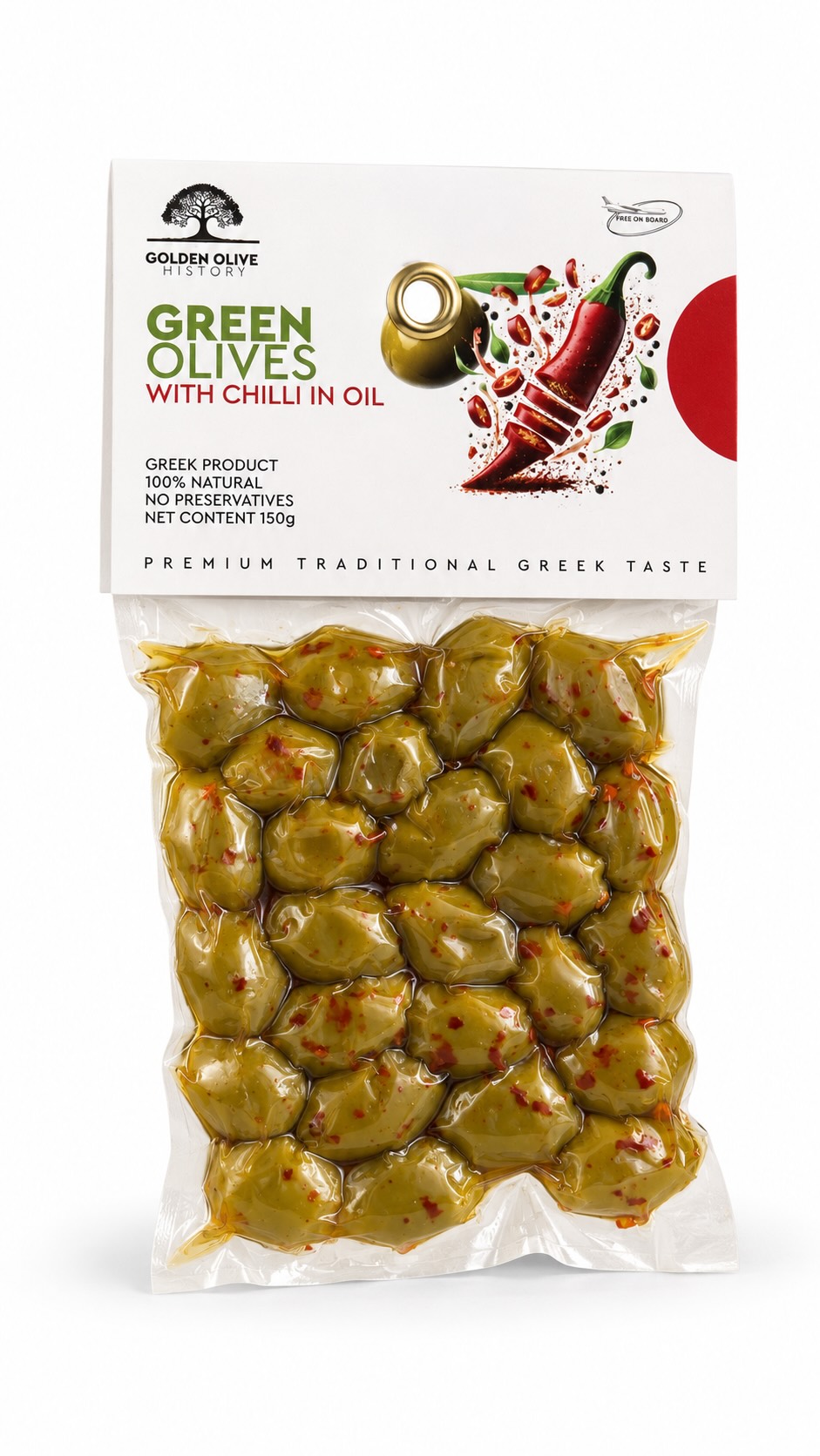Golden Olive History zelené olivy s peckou a chilli v olivovém oleji – vakuum 150 g